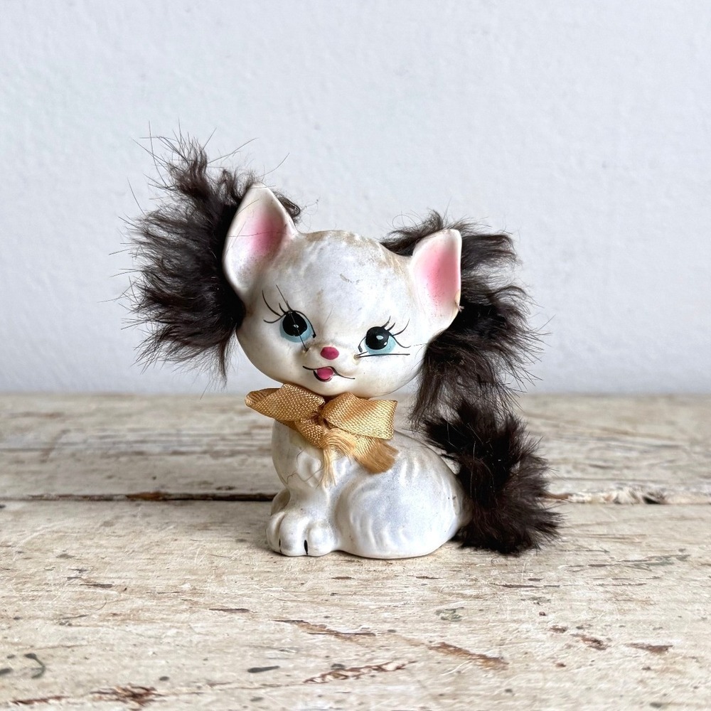 Vintage Enesco Japan Ceramic Cat Figurine Fluffy Fur Pigtails Blue Eyes MCM CSG